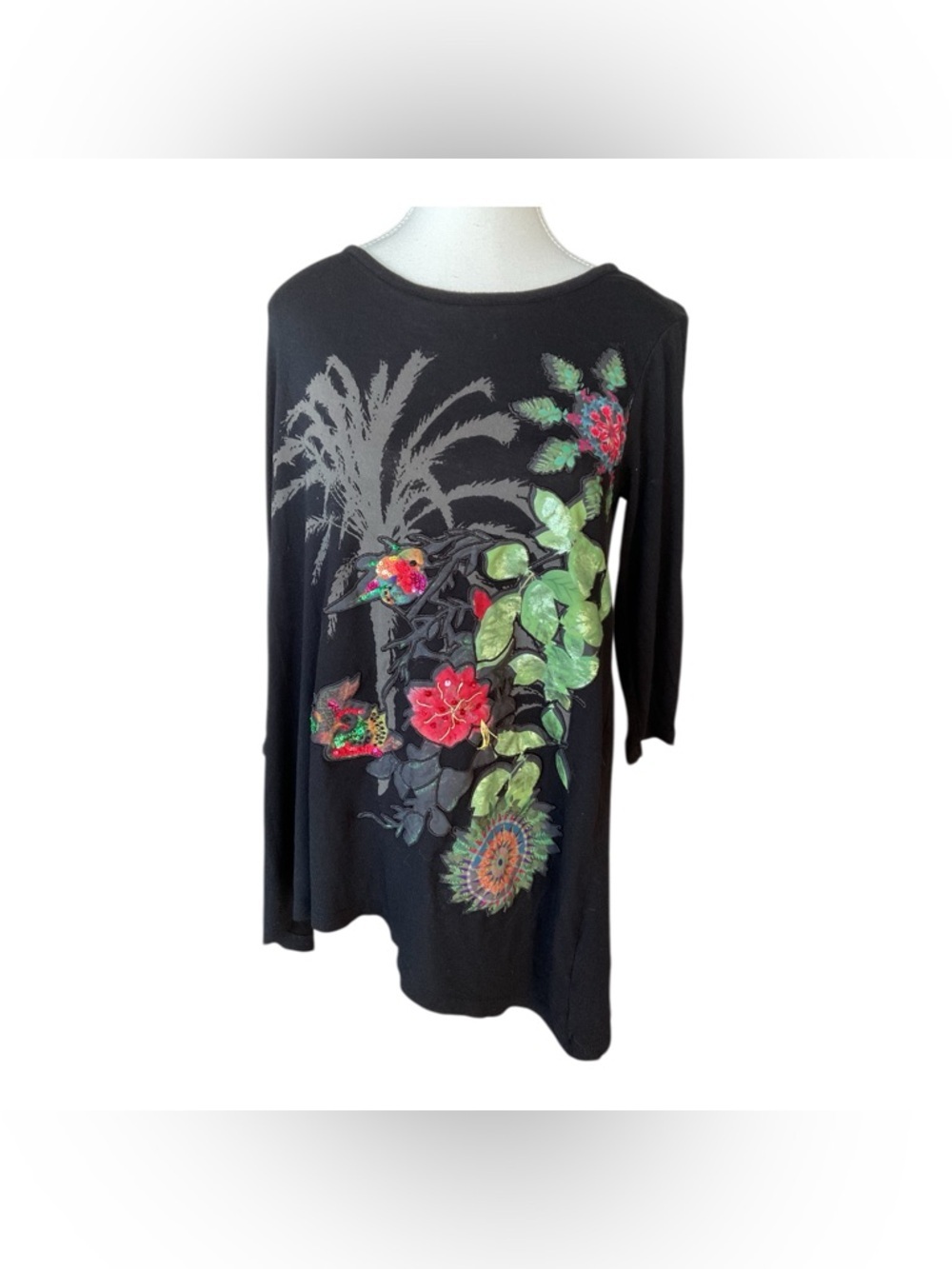 Desigual Floral Hummingbird Tunic Top Black Viscose Embroidered Size L